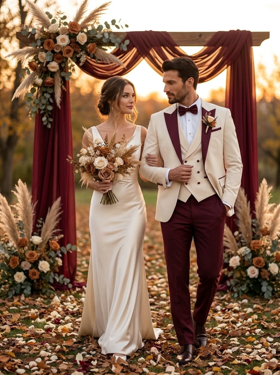Men’s Ivory & Burgundy 3-Piece Peak Lapel Wedding Tuxedo