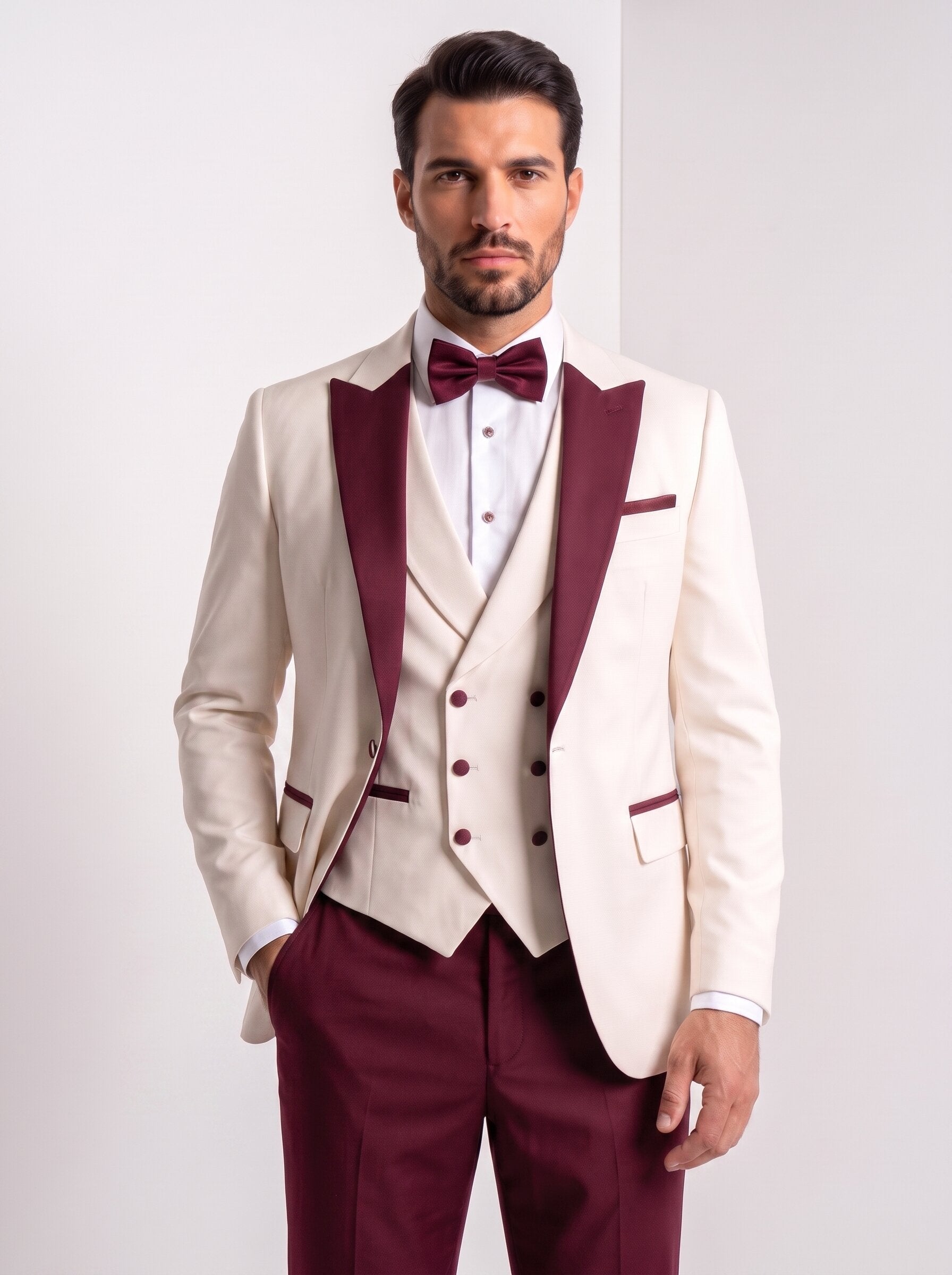 Men’s Ivory & Burgundy 3-Piece Peak Lapel Wedding Tuxedo