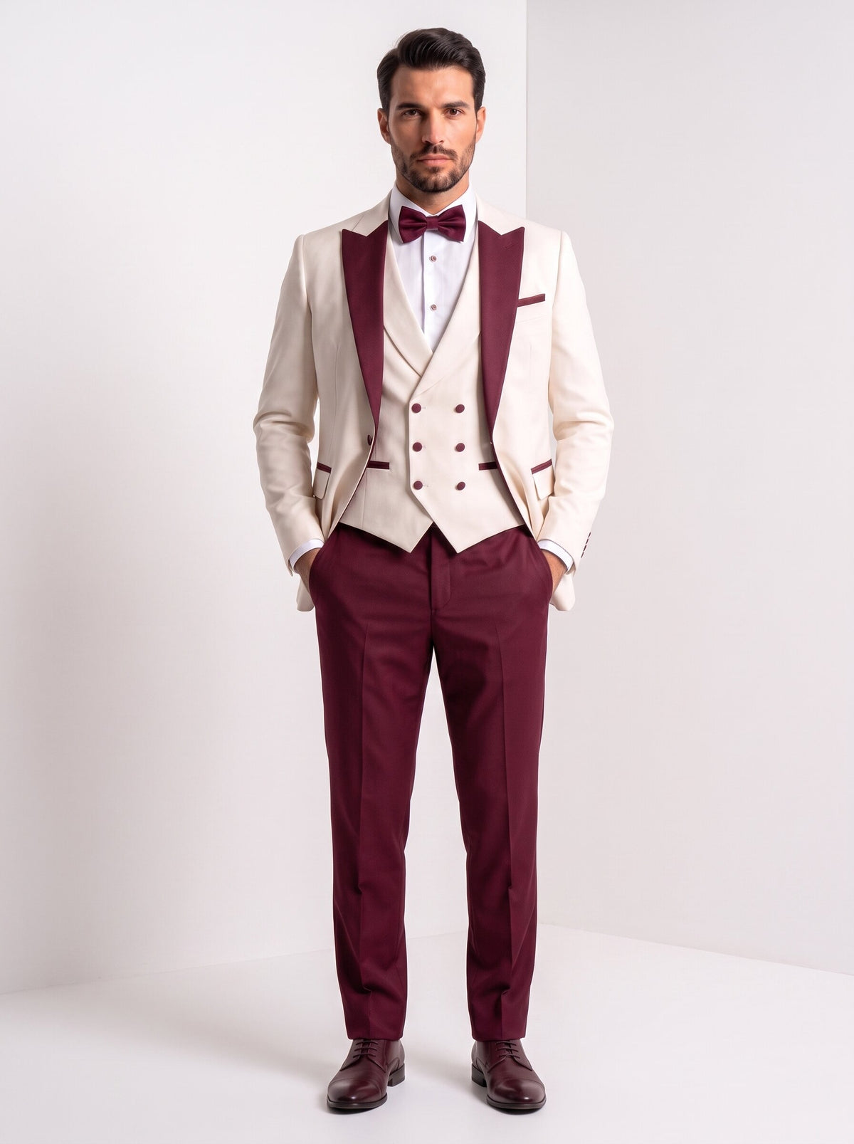 Men’s Ivory & Burgundy 3-Piece Peak Lapel Wedding Tuxedo