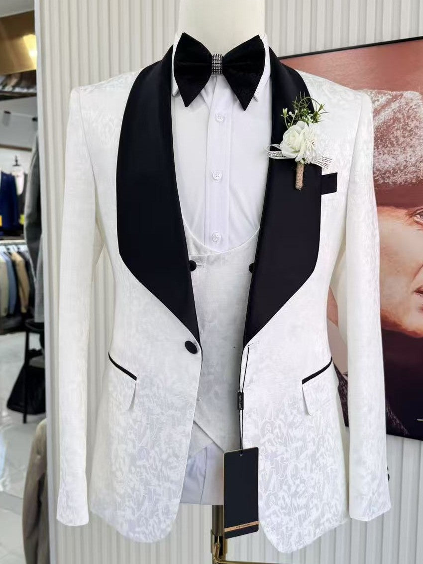 Men’s Jacquard Shawl Lapel 3 Piece Tuxedo Suit