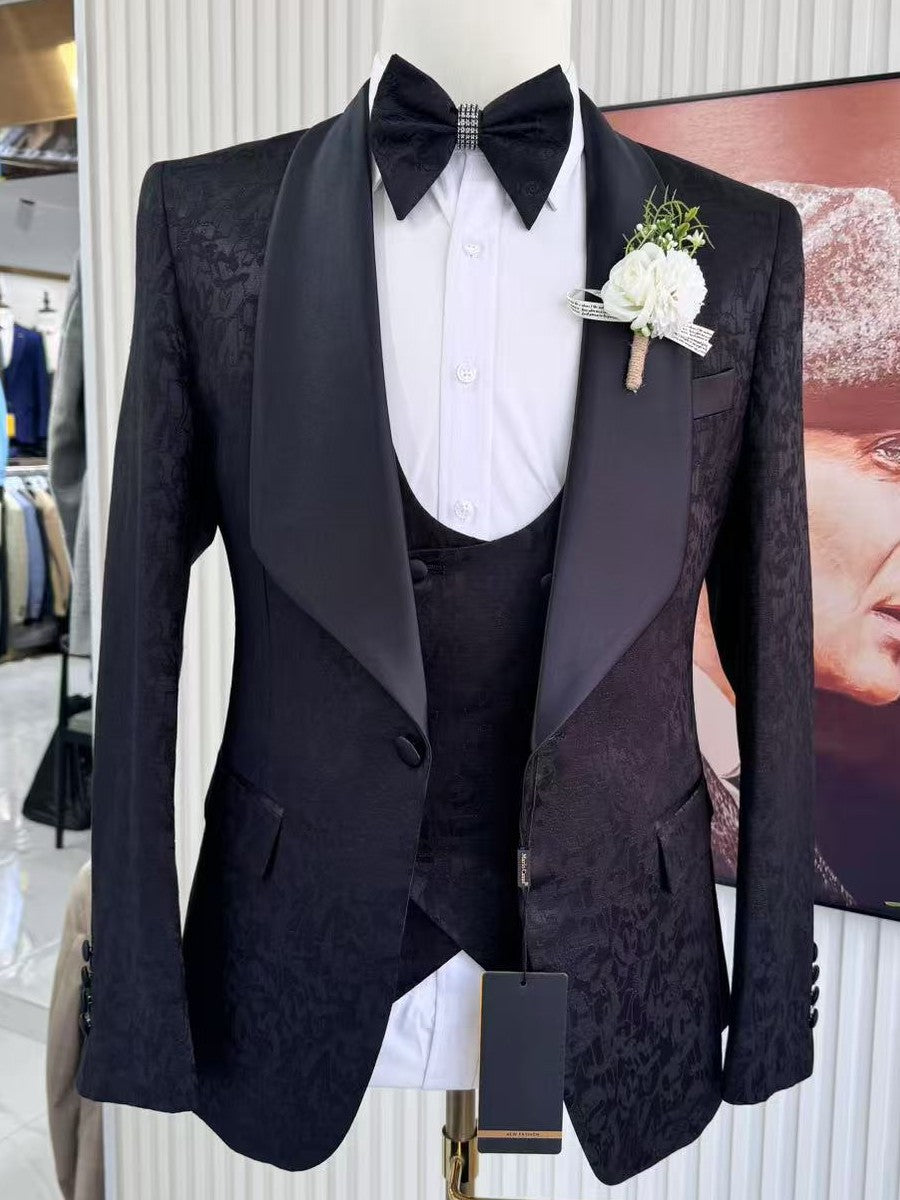 Men’s Jacquard Shawl Lapel 3 Piece Tuxedo Suit