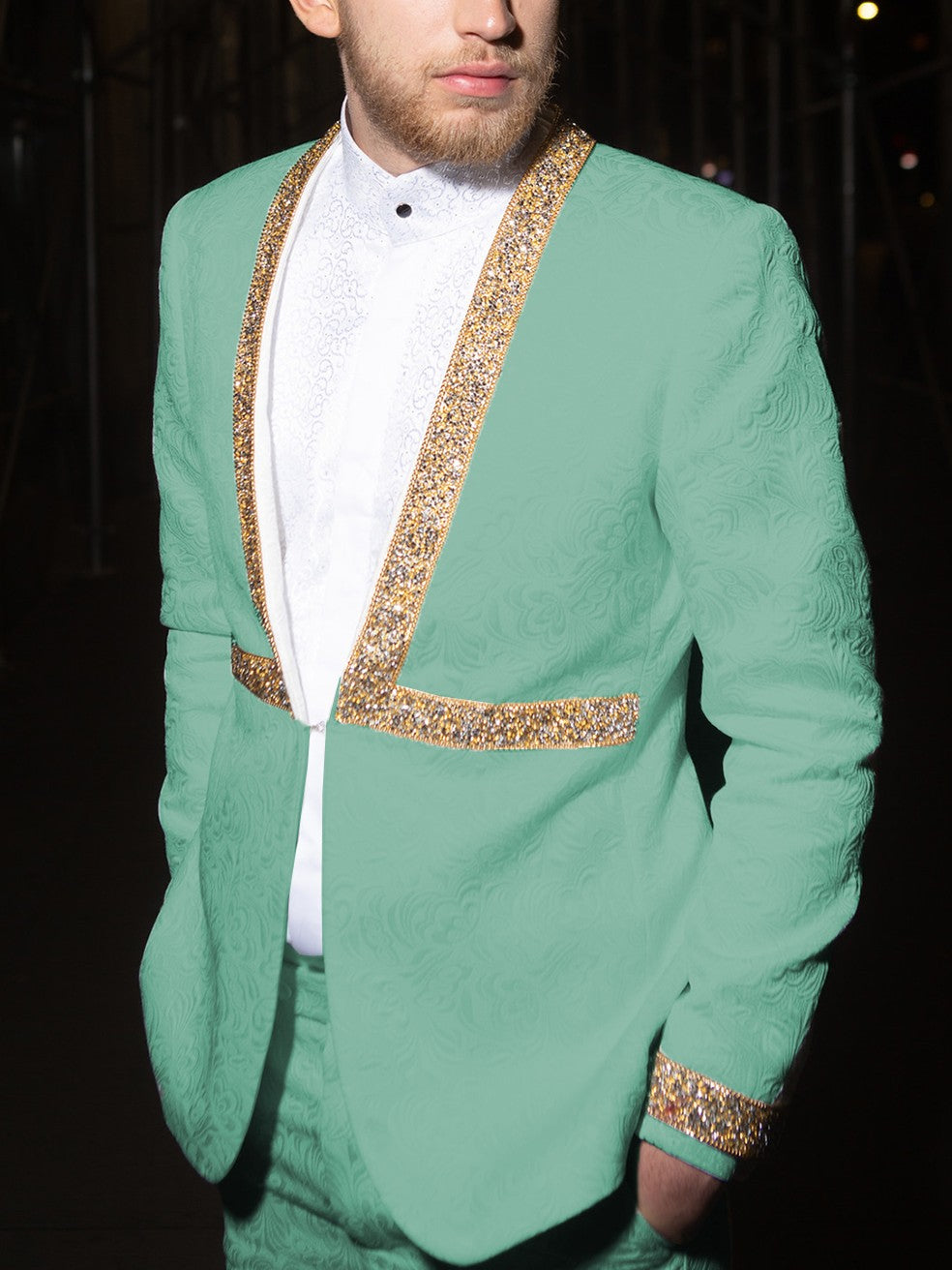 Men’s Jacquard Suit Set with Gold Rhinestone Trim
