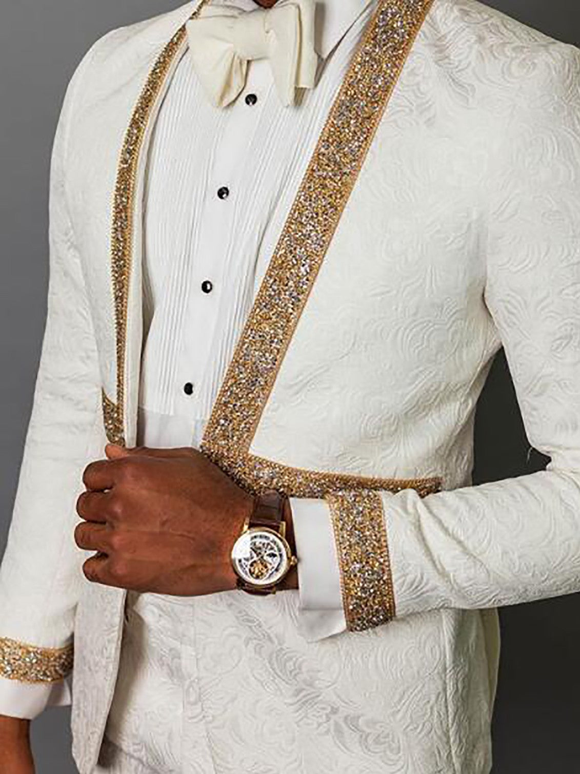 Men’s Jacquard Suit Set with Gold Rhinestone Trim