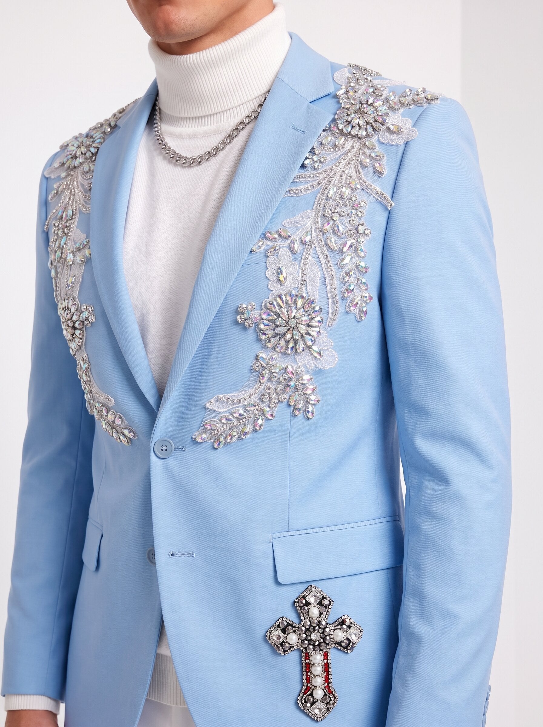 Men’s Light Blue Rhinestone Suit with White Pants