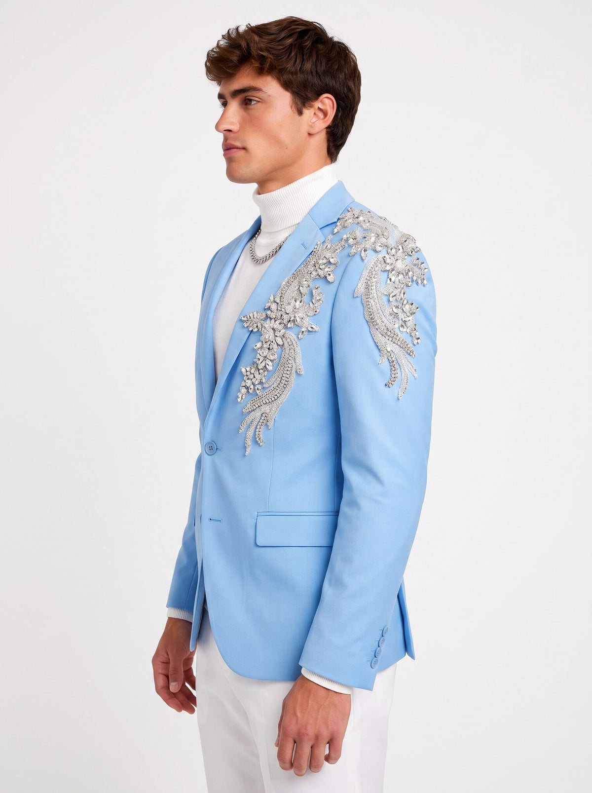 Men’s Light Blue Rhinestone Blazer & White Pants 2-Piece Suit