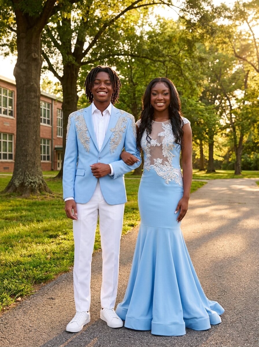 Men’s Light Blue Rhinestone Blazer & White Pants 2-Piece Suit