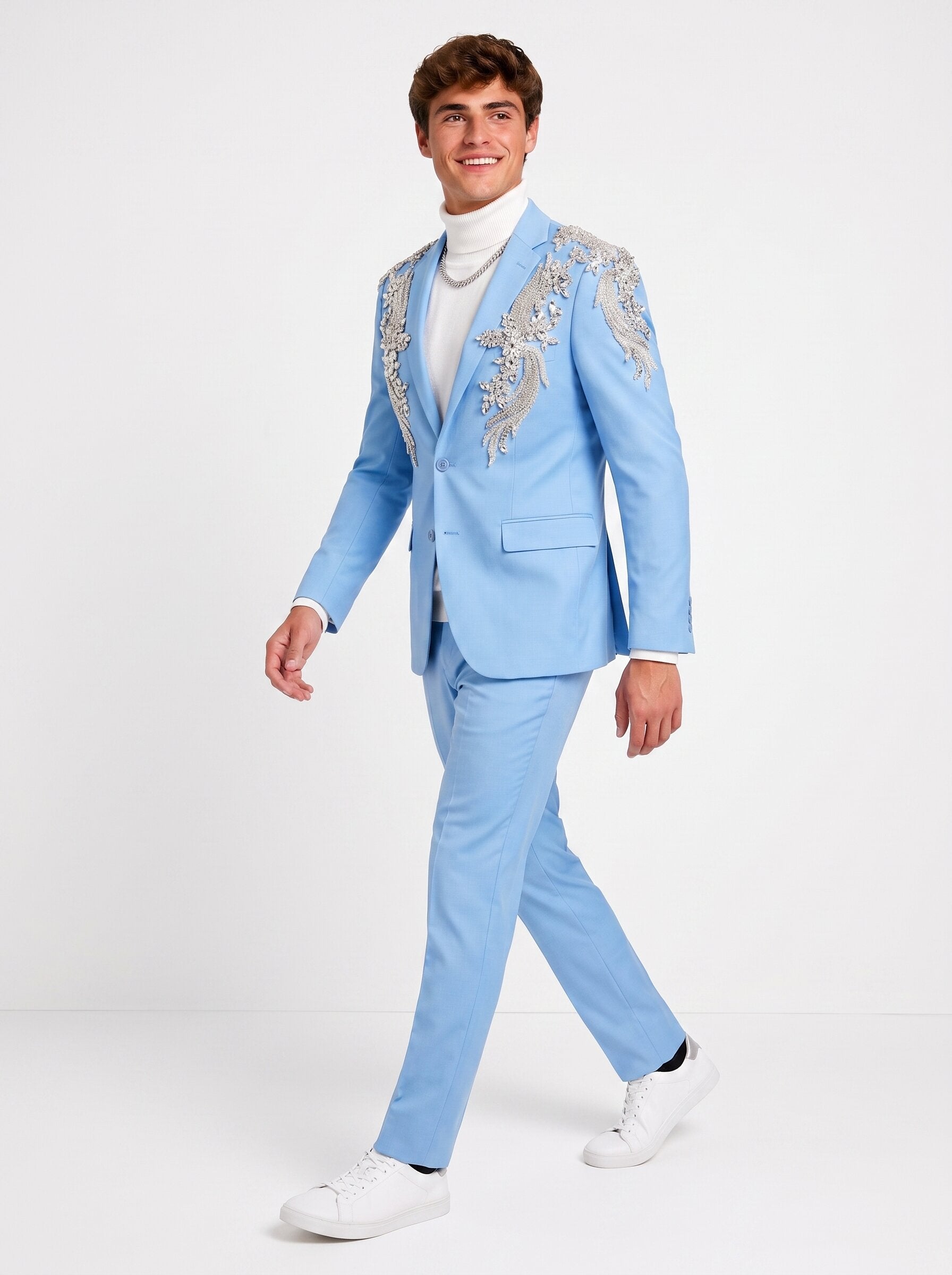 Men’s Light Blue Rhinestone Blazer & White Pants 2-Piece Suit