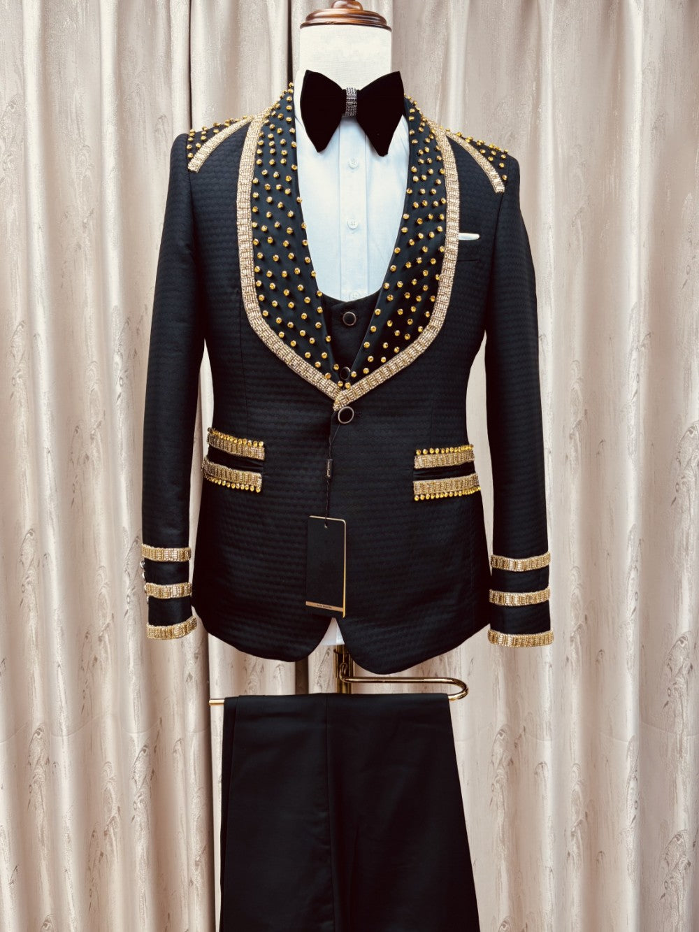 Men's Black Gold Embellished 3 Piece Tuxedo Set