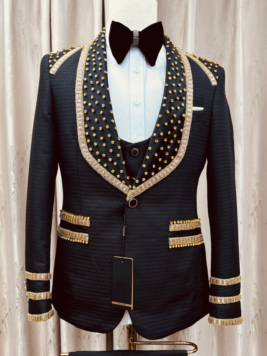 Men's Black Gold Embellished 3 Piece Tuxedo Set