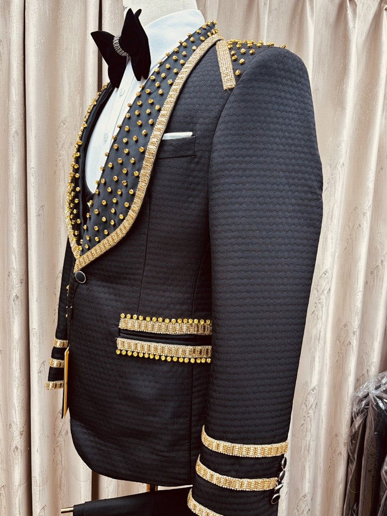 Men's Black & Gold Embellished 3 Piece Tuxedo Set
