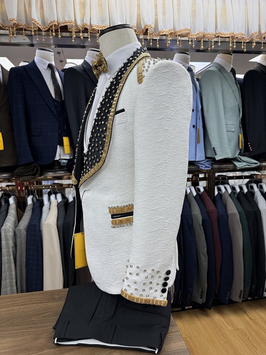 White Jacquard 3 Piece Tuxedo Suit