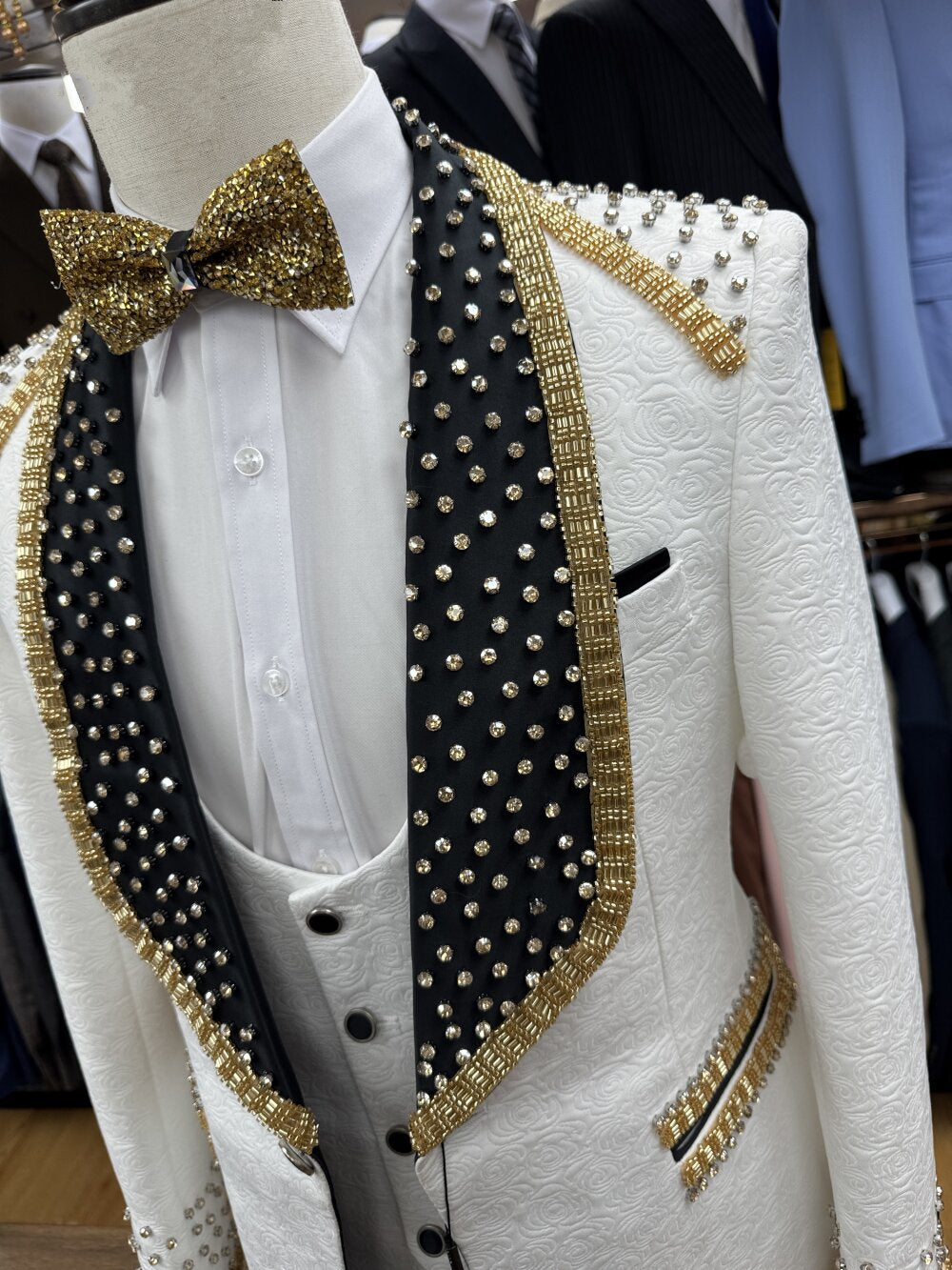 White Jacquard 3 Piece Tuxedo Suit