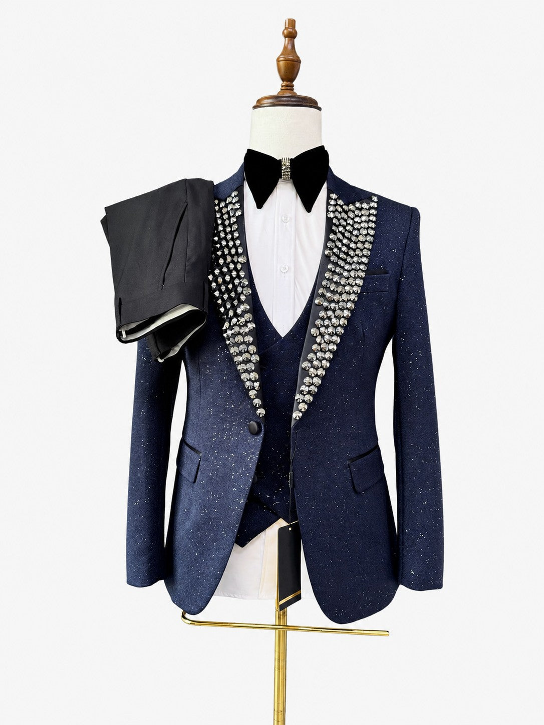 Men’s Navy Stud Lapel Glitter 3 Piece Tuxedo