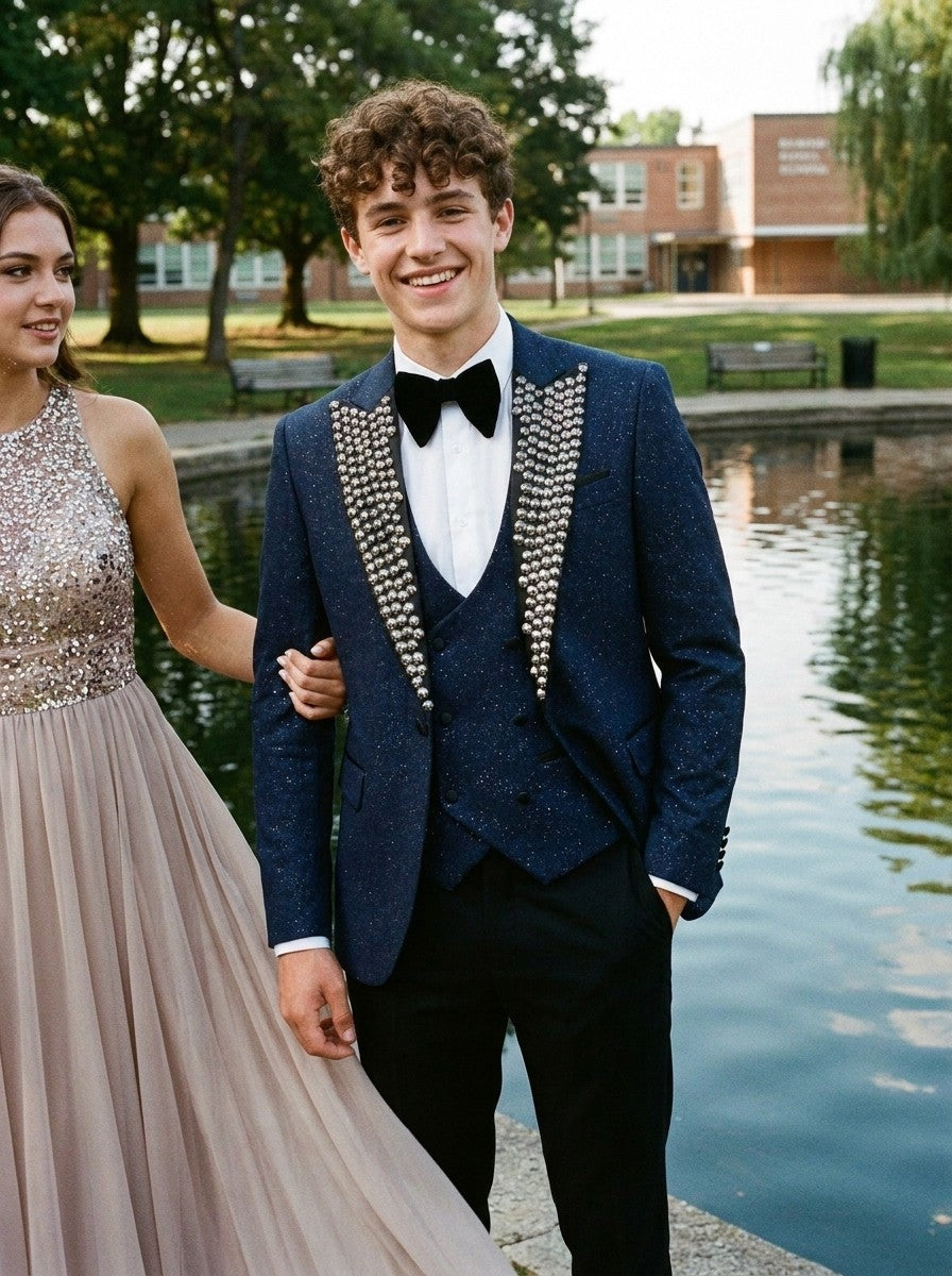 Men’s Navy Stud Lapel Glitter 3 Piece Tuxedo