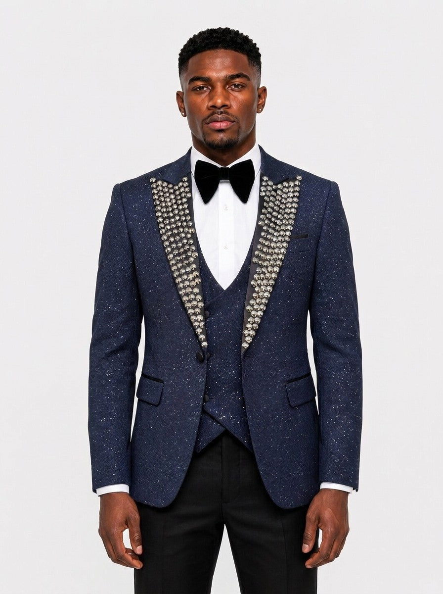 Men’s Navy Stud Lapel Glitter 3 Piece Tuxedo