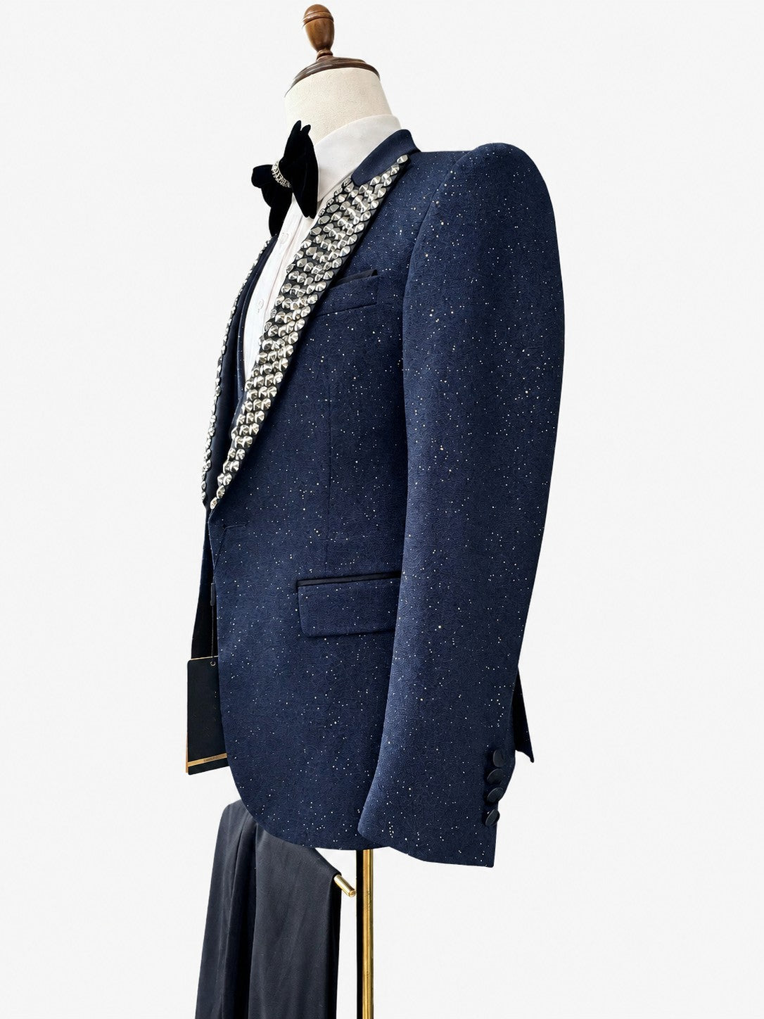 Men’s Navy Stud Lapel Glitter 3 Piece Tuxedo