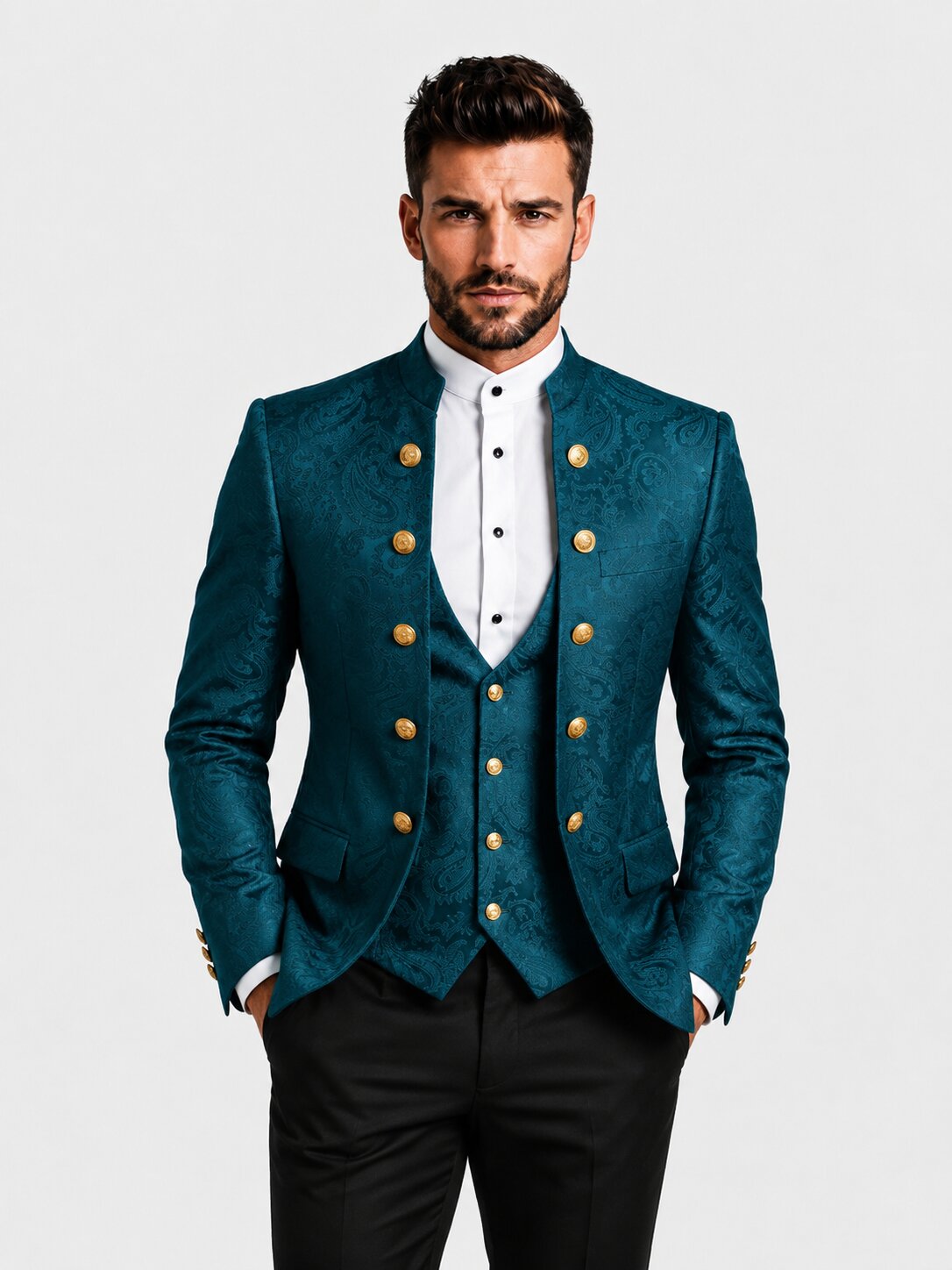 Paisley Mandarin Collar 3 Piece Suit