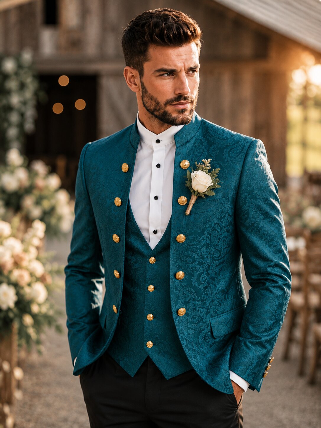 Paisley Mandarin Collar 3 Piece Suit