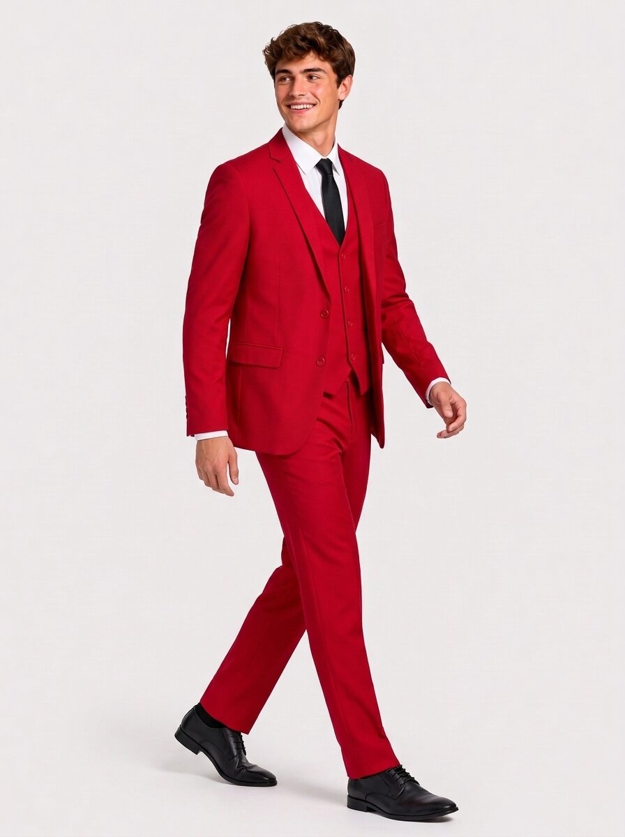Men’s Red Notch Lapel 3-Piece Prom Suit