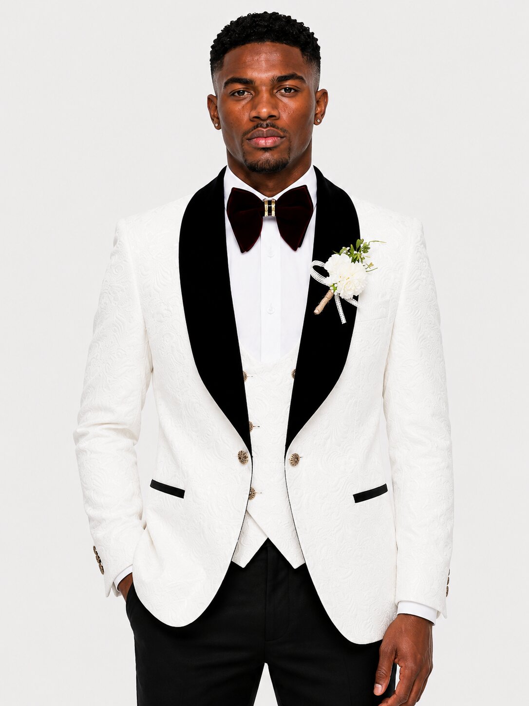 Men’s White Floral Jacquard Tuxedo