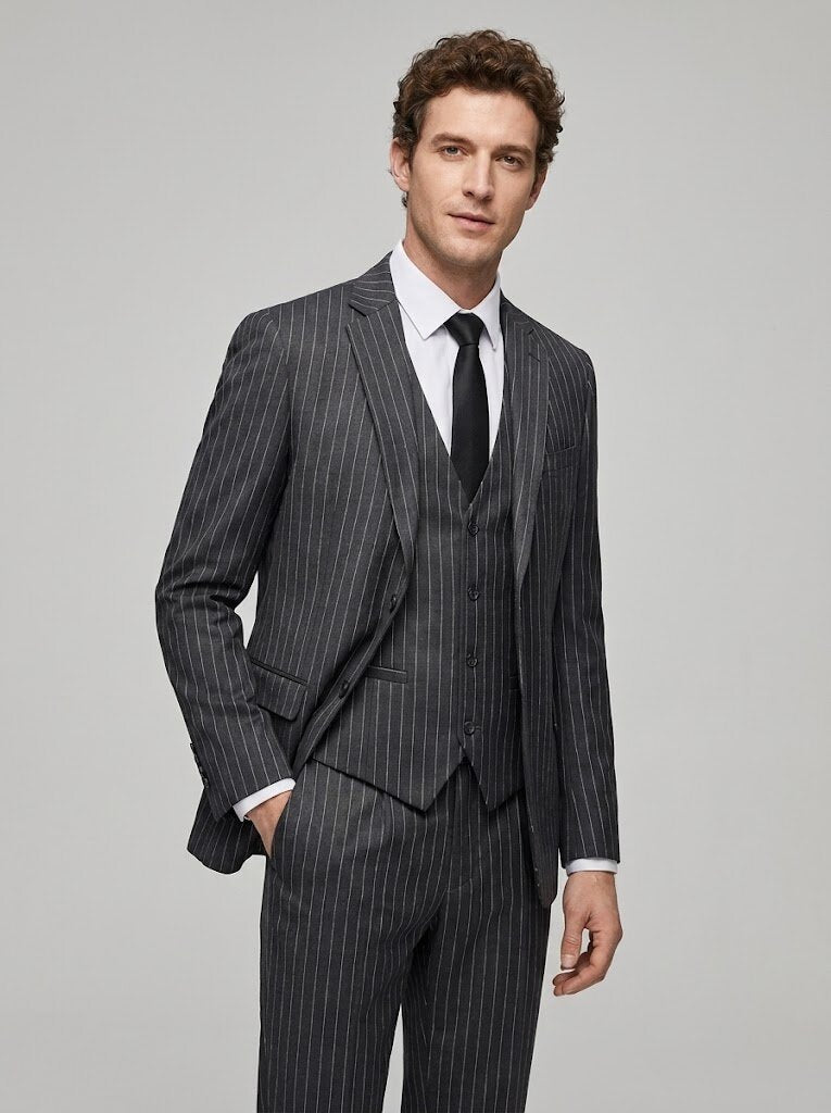 Men’s Striped 3 Piece Suit – Slim Fit Wedding & Business Formal Suit Set