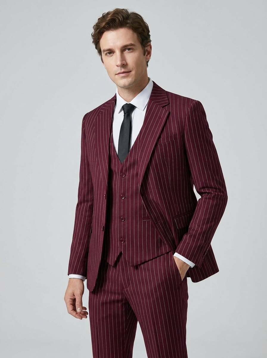 Men’s Striped 3 Piece Suit – Slim Fit Wedding & Business Formal Suit Set