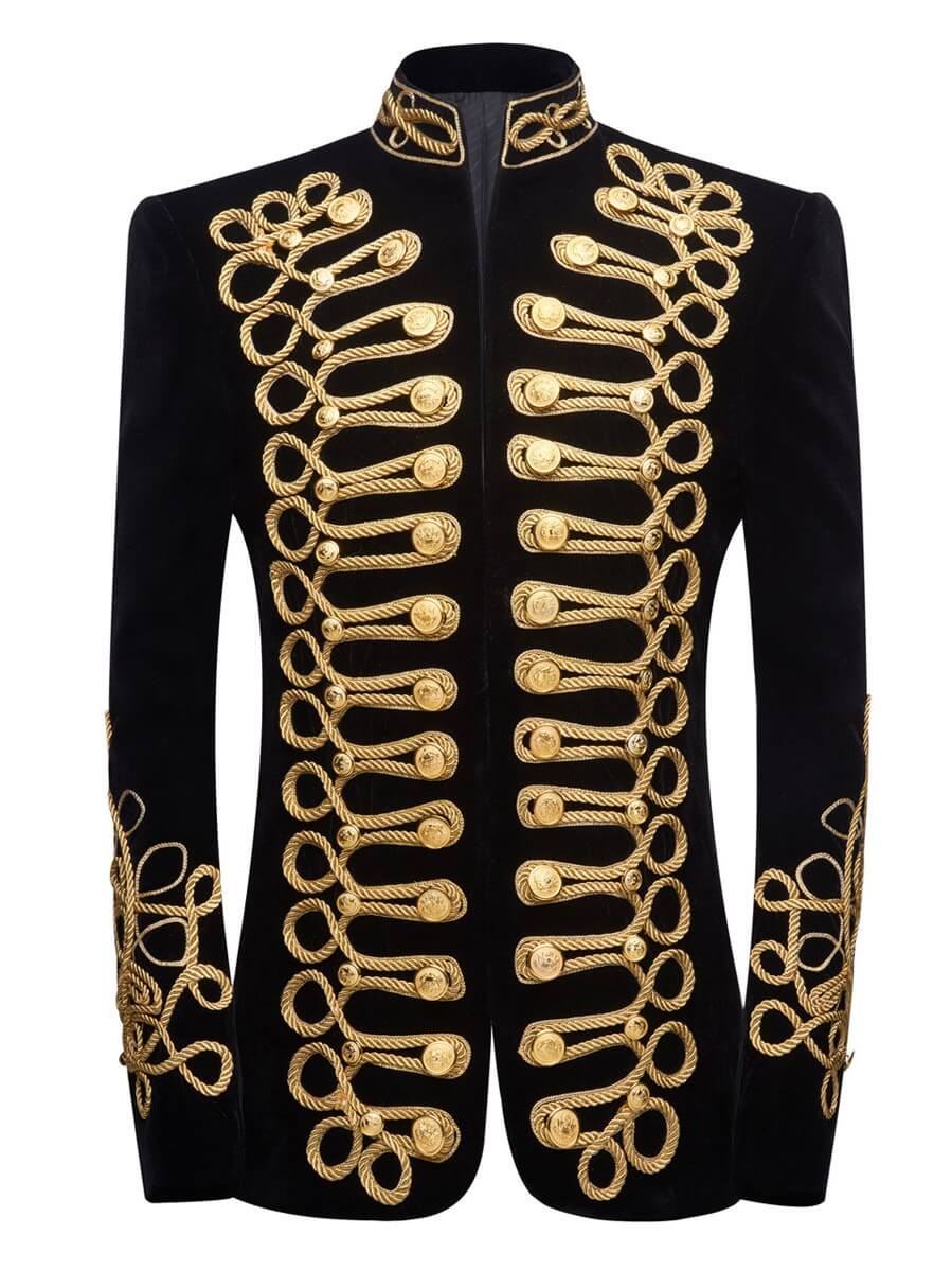 MoranX Men's Black Velvet Jacket with Gold Embroidery & Decorative Cord Buttons