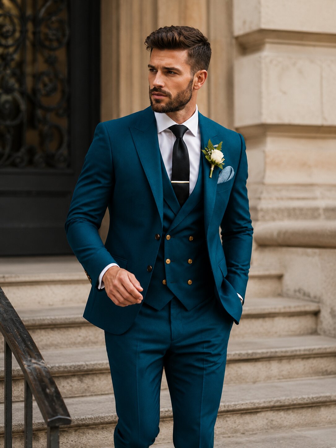 Men's Teal Blue Slim Fit 3 Piece Suit