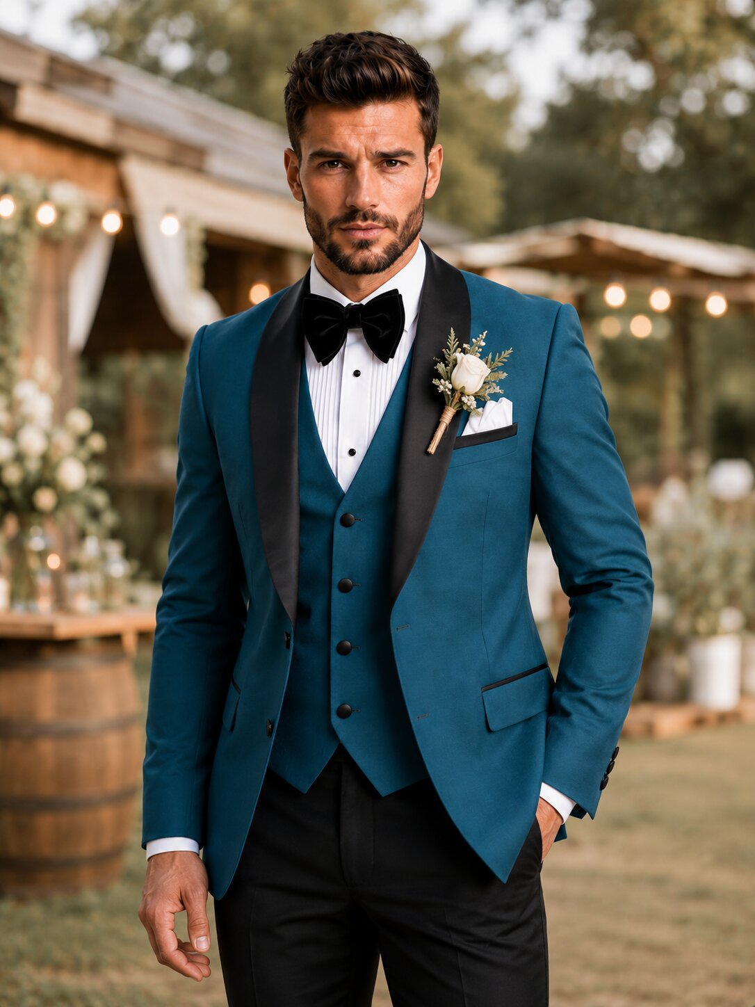 Men's Teal Blue Wedding Tuxedo 3 Piece Suit with Black Pants