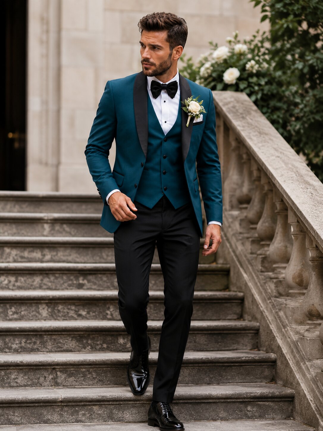 Men's Teal Blue Wedding Tuxedo 3 Piece Suit with Black Pants