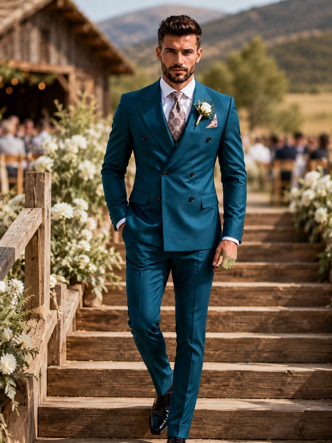 Men's Double Breasted Teal Suit
