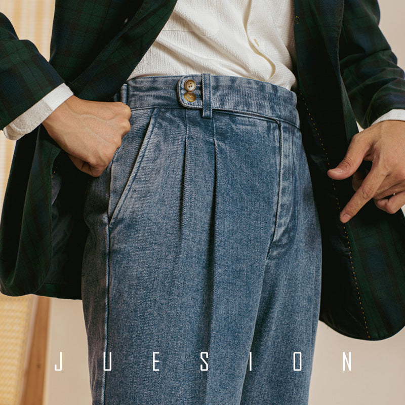 Men’s Vintage Blue Denim High-Waisted Dress Pants