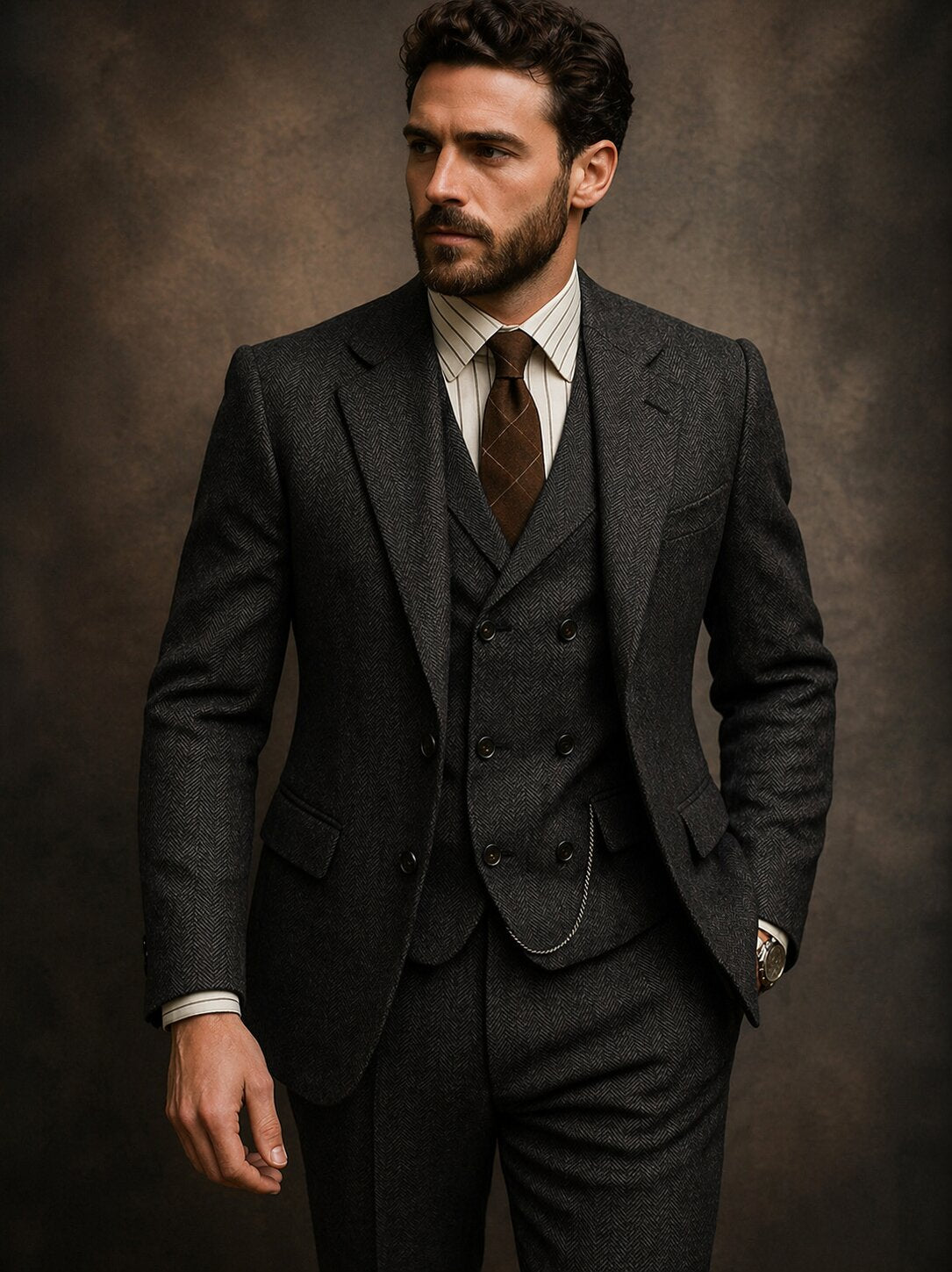 Men’s Vintage Herringbone Suit 3 Piece – Slim Fit Wedding & Formal Suit