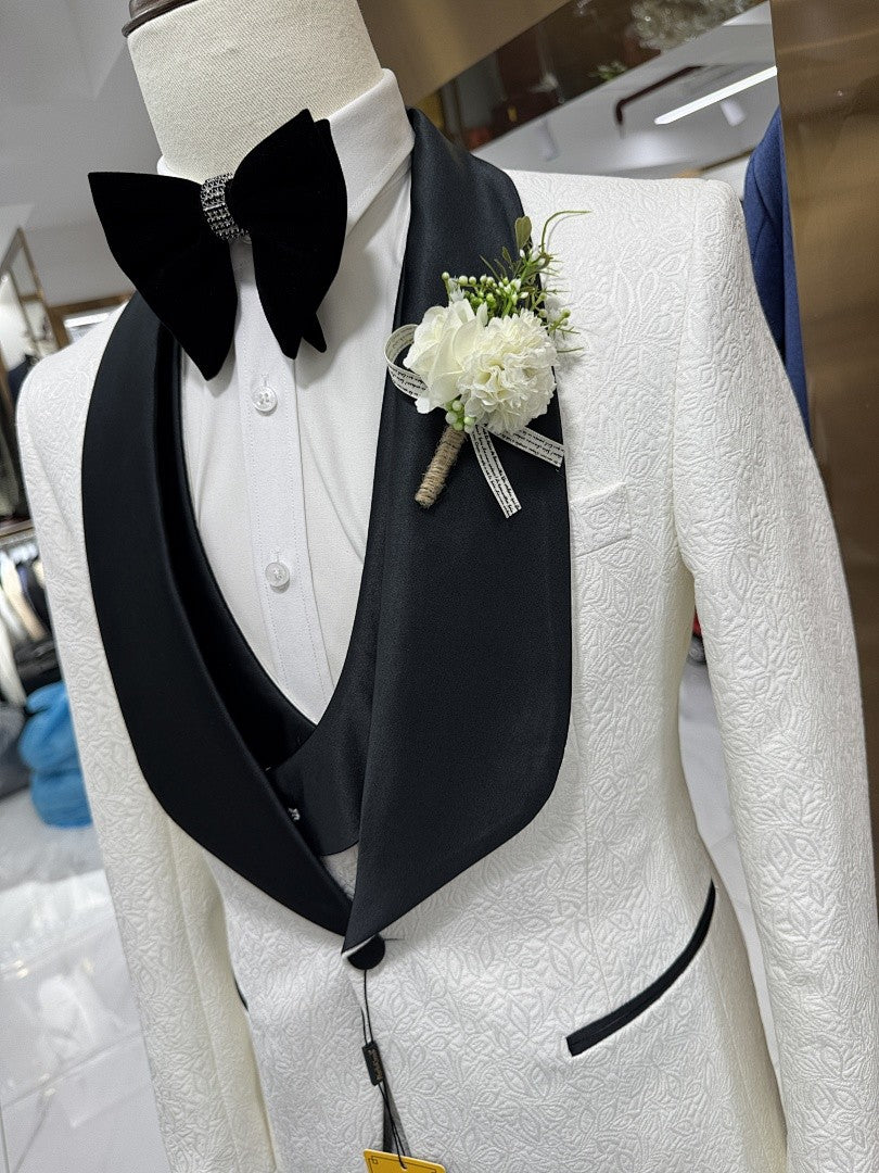 Men's White Floral Jacquard 3 Piece Groom Tuxedo