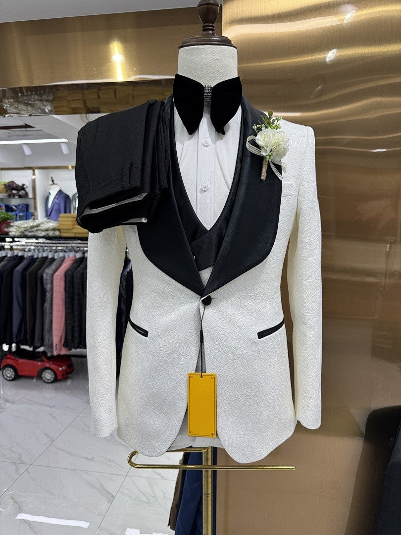 Men's White Floral Jacquard 3 Piece Groom Tuxedo