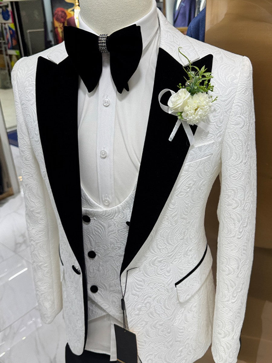 Men's White Floral Jacquard 3 Piece Tuxedo Suit