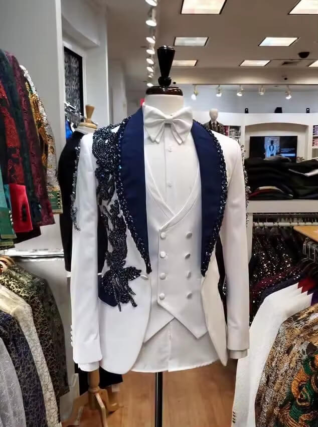 Men’s White & Navy Rhinestone 3-Piece Tuxedo Suit