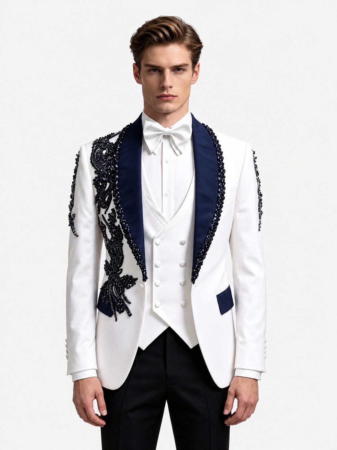 Men’s White & Navy Rhinestone 3-Piece Tuxedo Suit