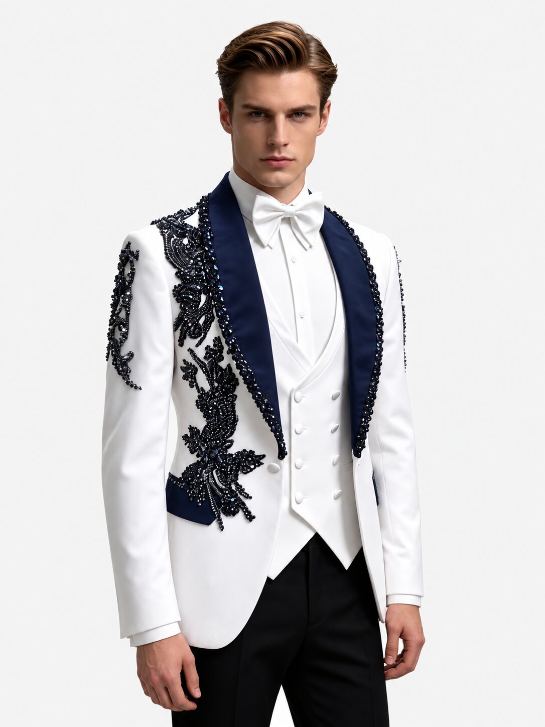Men’s White & Navy Rhinestone 3-Piece Tuxedo Suit