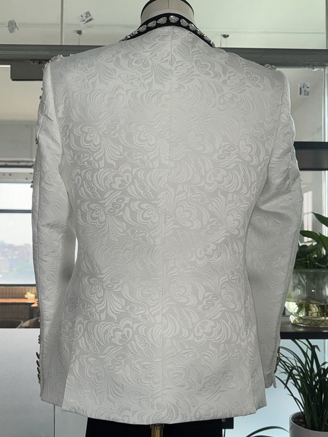 Men's White Paisley Gem Stone Tuxedo Set With Black Shawl Lapel