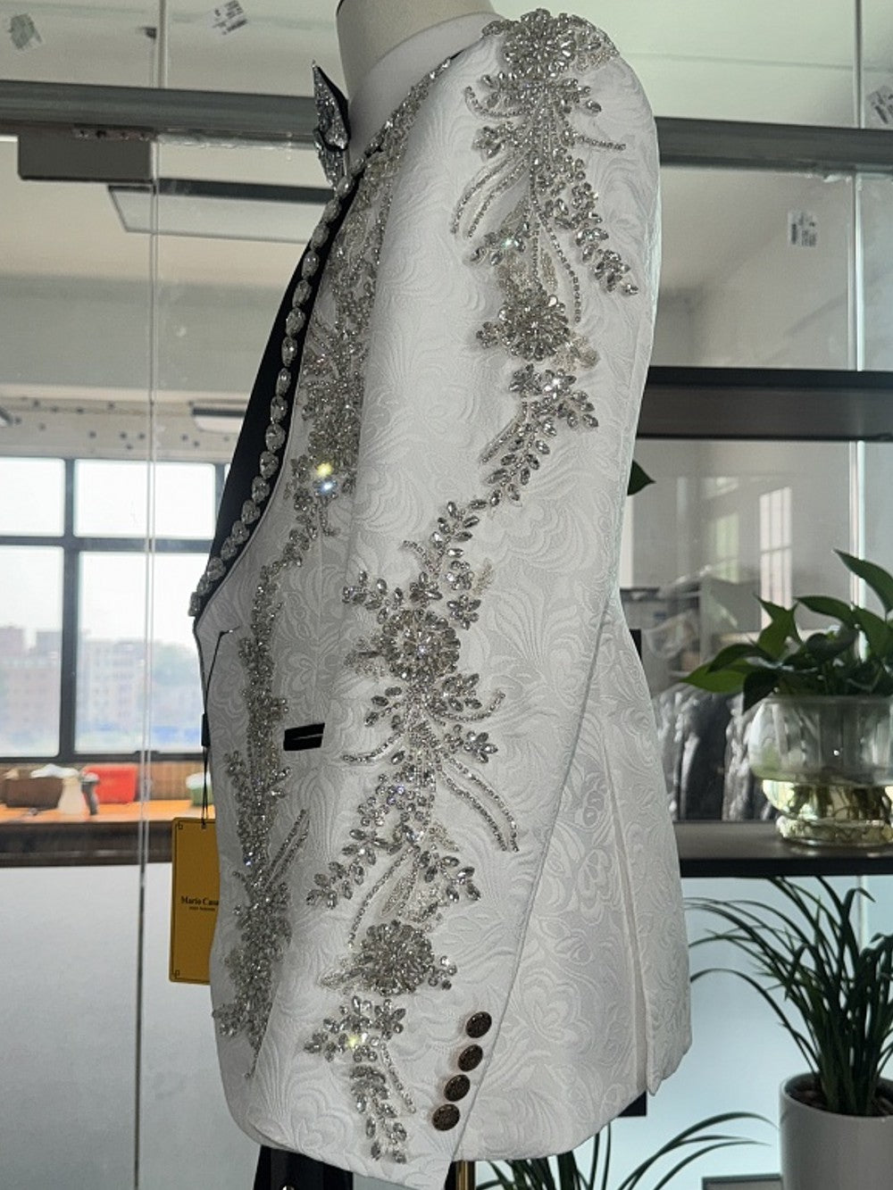 Men's White Paisley Gem Stone Tuxedo Set With Black Shawl Lapel