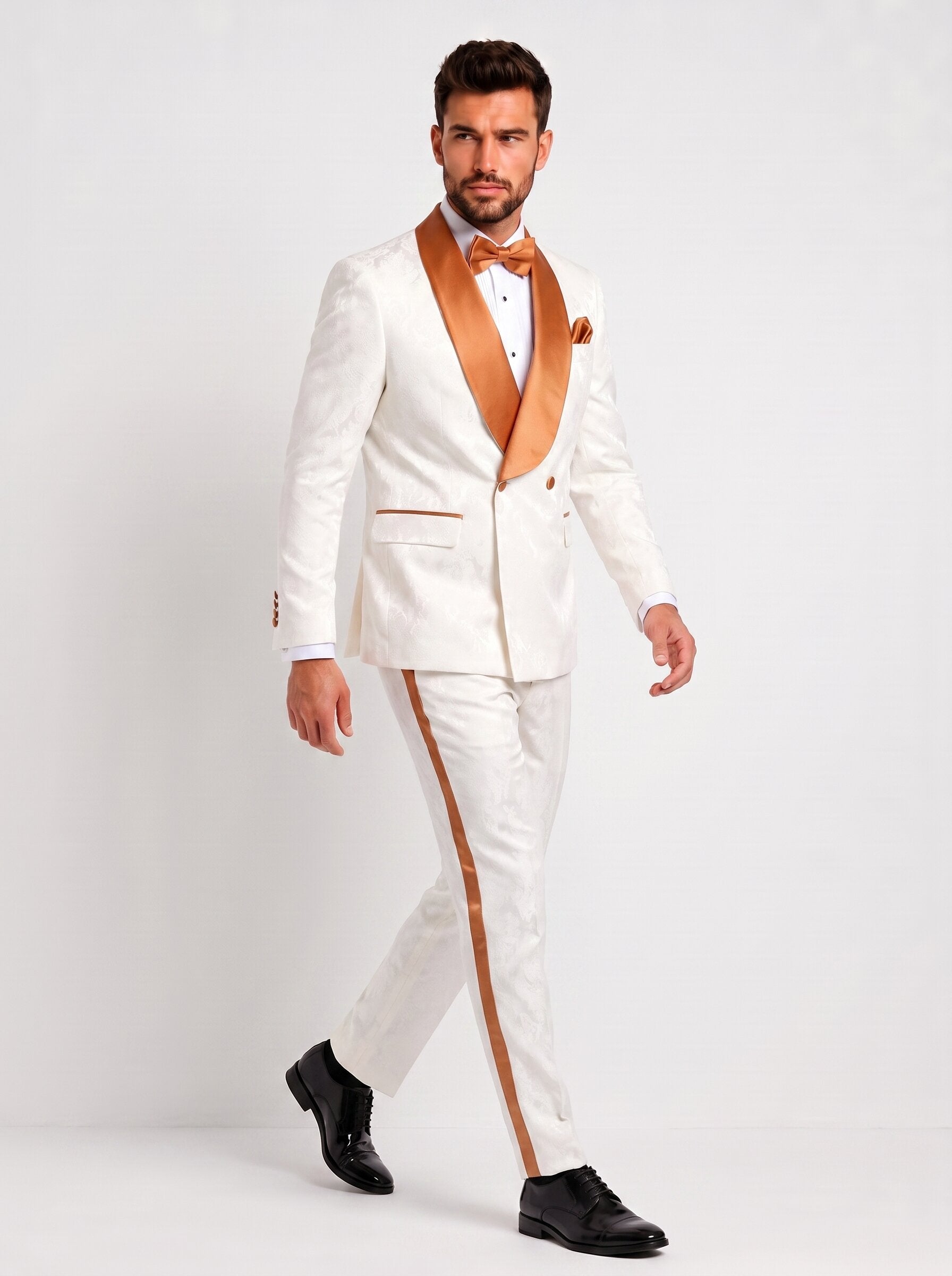 Men’s White Paisley Tuxedo with Copper Satin Lapel
