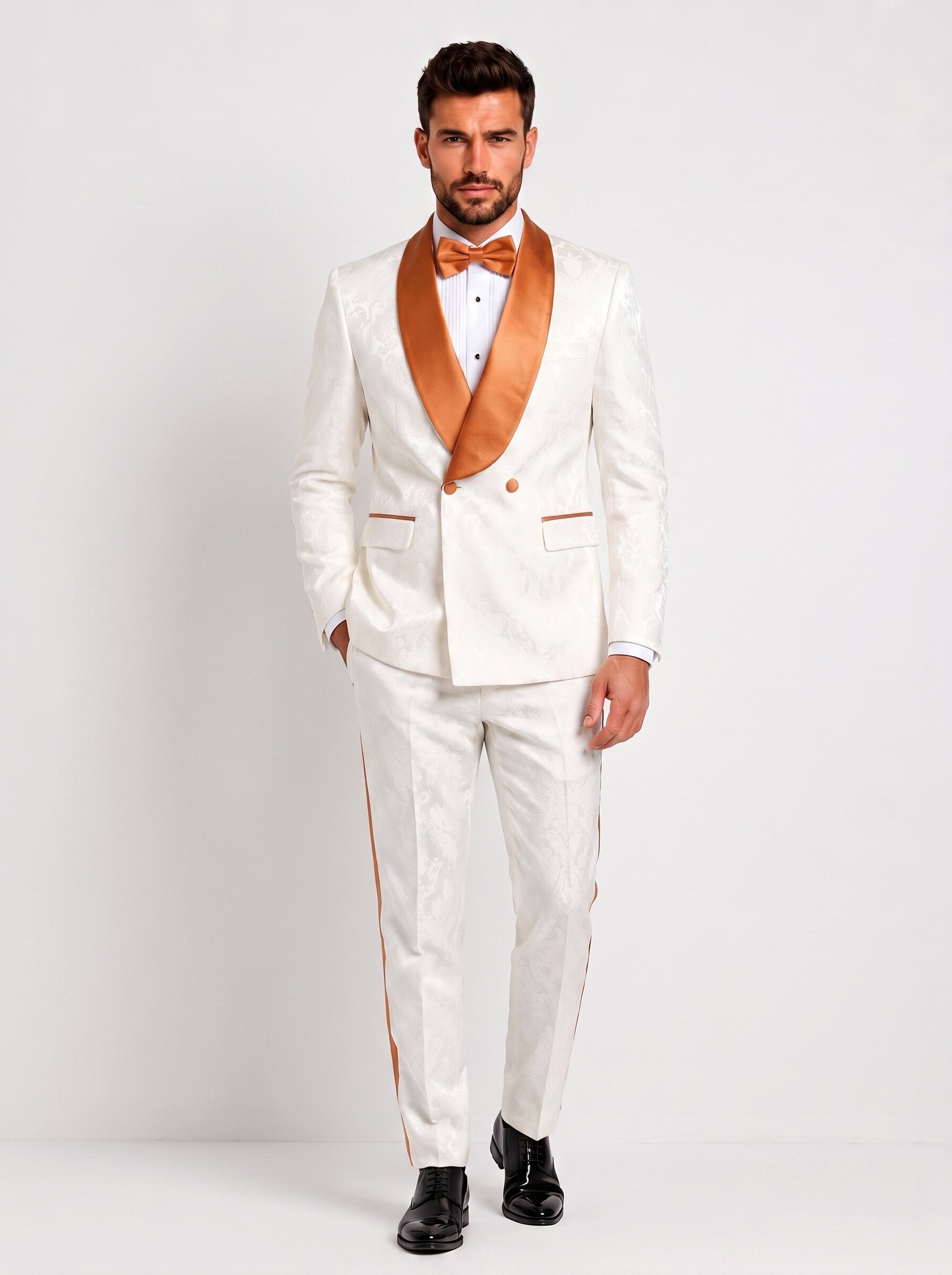 Men’s White Paisley Tuxedo with Copper Satin Lapel
