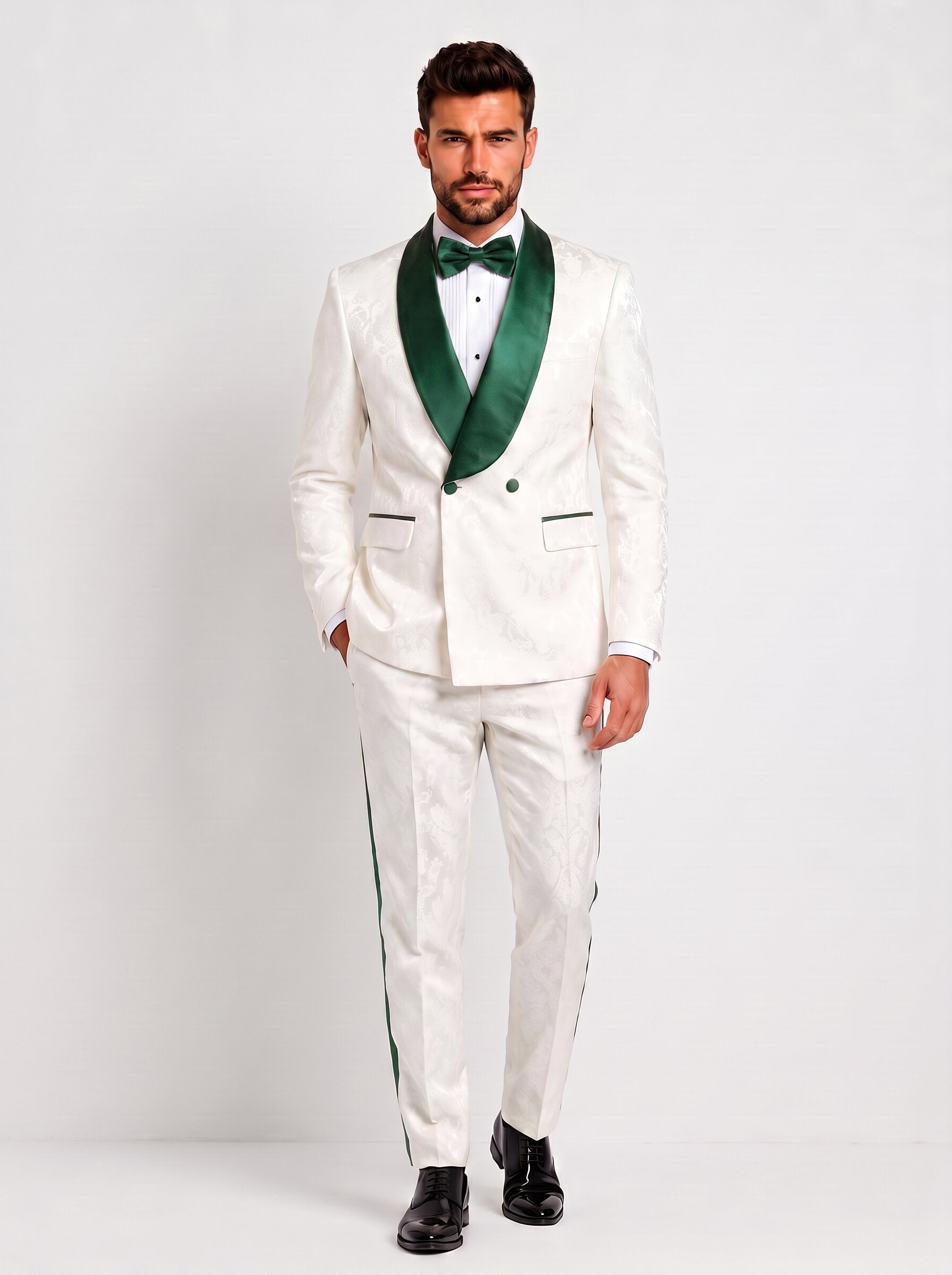 Men’s White Paisley Tuxedo with Satin Lapel emerald green
