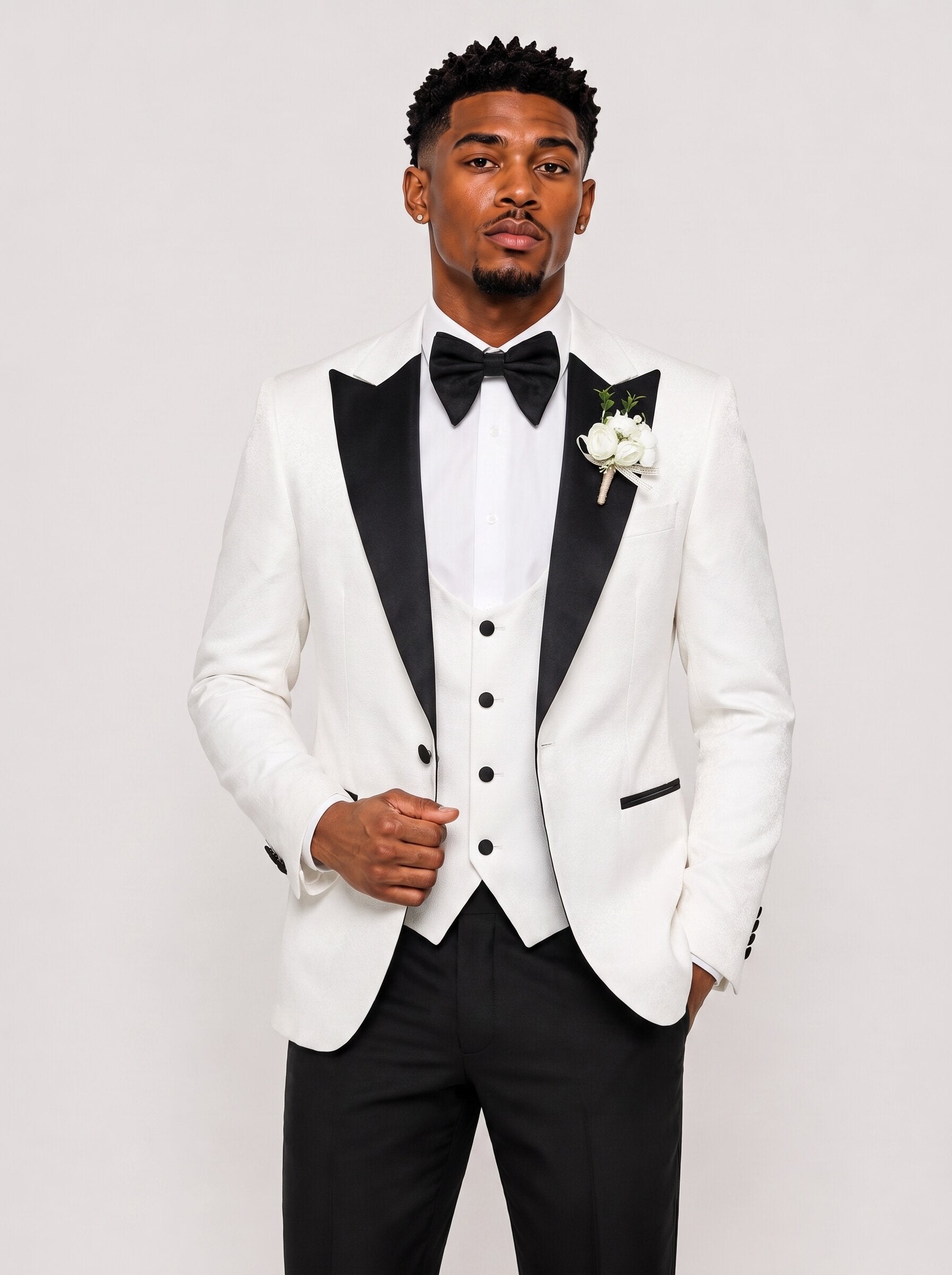 Men's White Peak Lapel 3 Piece Tuxedo with Black Contrast