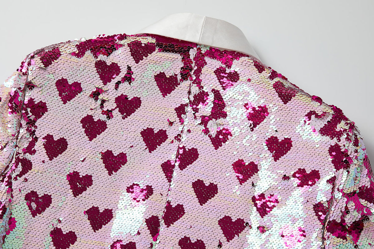 Men's White Pink Heart Sequin Blazer