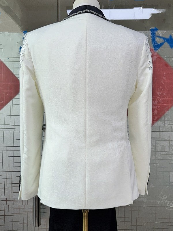 Men’s White Rhinestone Shawl Lapel 3 Piece Tuxedo