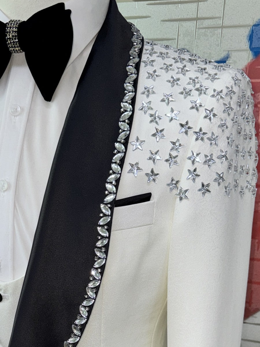 Men’s White Rhinestone Shawl Lapel 3 Piece Tuxedo