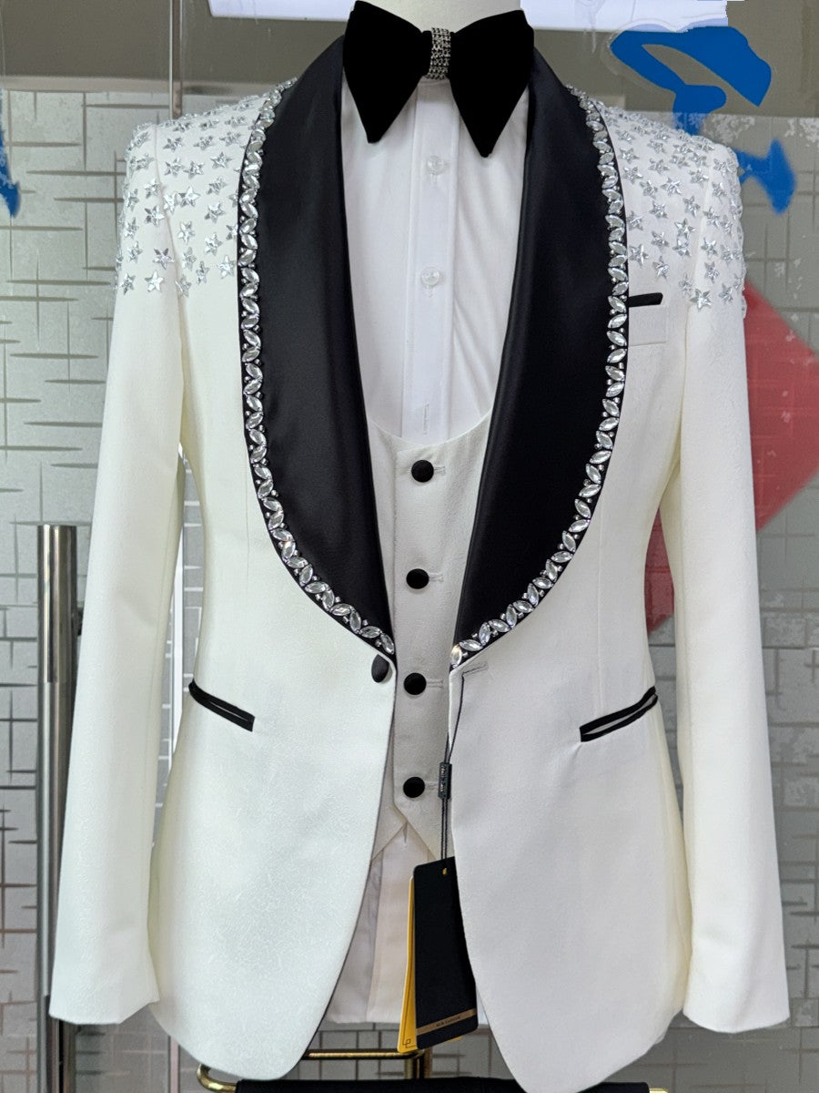 Men’s White Rhinestone Shawl Lapel 3 Piece Tuxedo