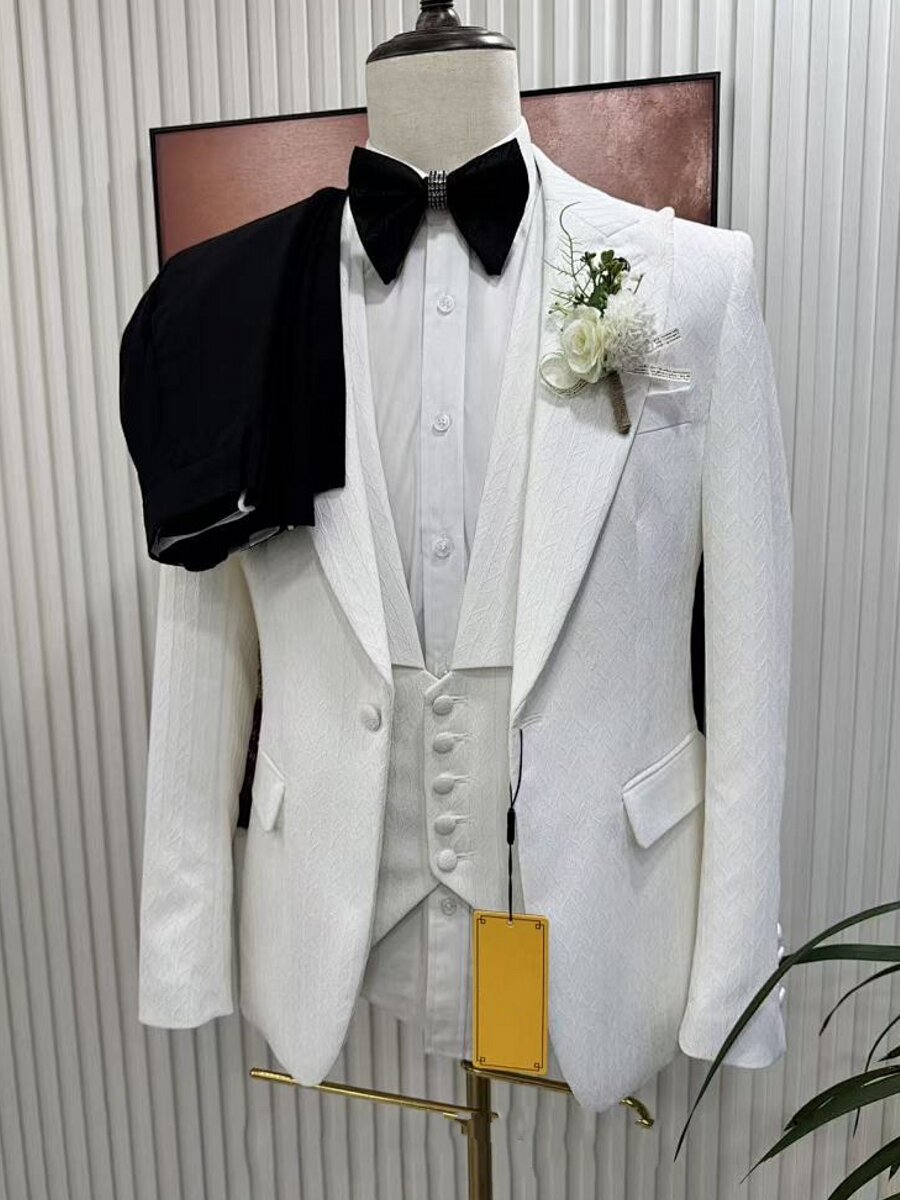 Men's White Textured 3 Piece Wedding Tuxedo